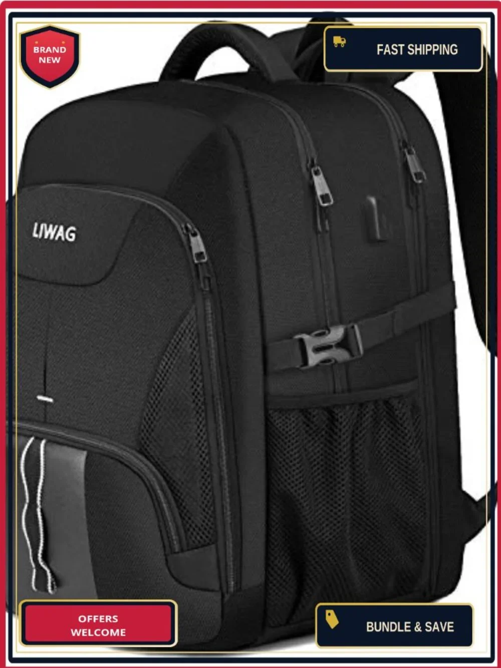 50L Water Resistant Travel Laptop Backpack with USB Charging Port, TSA Friendly